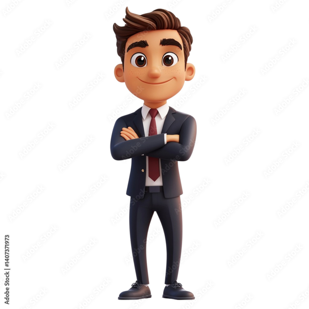 Confident cartoon businessman standing arms crossed smiling wearing suit and tie Confident cartoon businessman standing arms crossed smiling wearing suit and tie