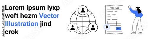 Text block with placeholder words, network symbol with linked people, billing document with payment icon, person gesturing. Ideal for teamwork, billing, connectivity, services, finance