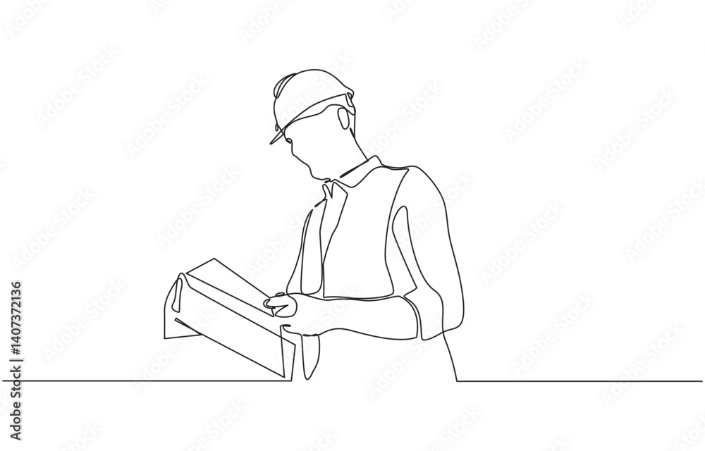Engineering outline character line art illustration hand drawn engineer holding blueprint document, Continuous line drawing of project workers and construction activities. Engineering outline character line art illustration hand drawn engineer holding blueprint document, Continuous line drawing of project workers and construction activities.