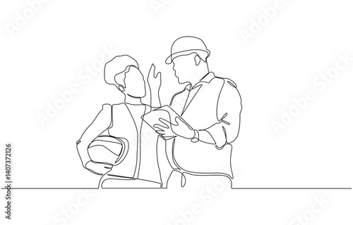 Engineering outline character line art illustration hand drawn engineer holding blueprint document, Continuous line drawing of project workers and construction activities.