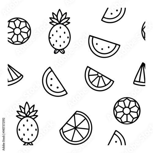 Seamless Pattern of Outline Tropical Fruits, Summer and Healthy Food Vector