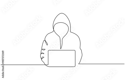 One line continuous hacker cyber security symbol concept, One line continuous cyber security hacker symbol. Silhouette of online financial security thief. vector illustration.