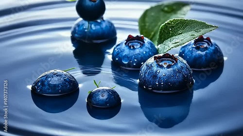 Fresh blueberries splashing in water with leaves, creating ripples