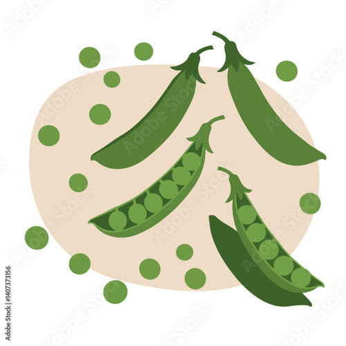 Green Pea Pods Flat Illustration on Beige Background