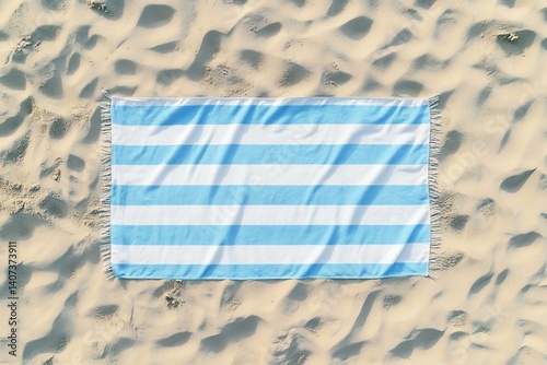 Striped beach towel on sand, aerial view
