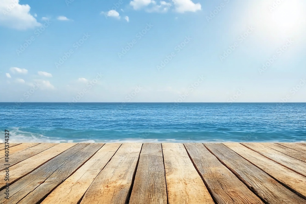 Fototapeta premium Beautiful wooden floor and blue background, sea water and sky.