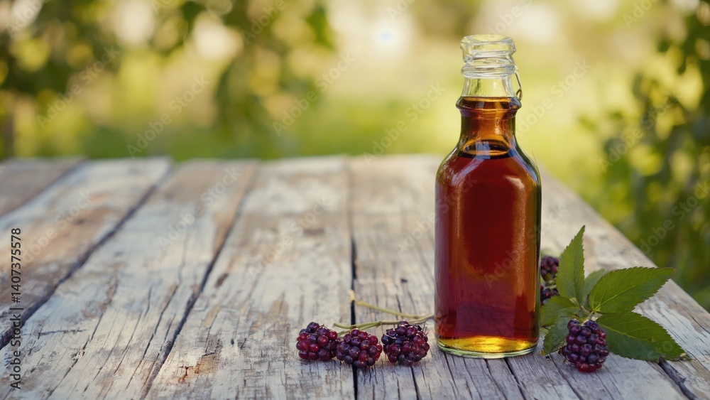 Freshly made preserves in a bottle sitting on a wooden table with fruit and jars around. Natural ingredients for homemade food. Freshly made preserves in a bottle sitting on a wooden table with fruit and jars around. Natural ingredients for homemade food.