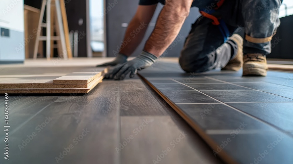 Flooring installer placing tiles on a kitchen floor. Featuring precision and care Flooring installer placing tiles on a kitchen floor. Featuring precision and care