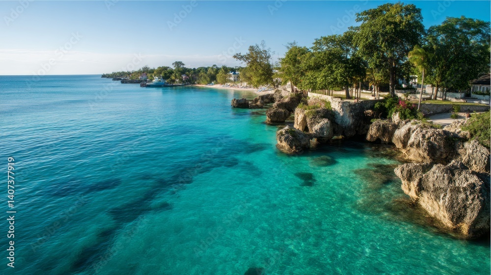 Fototapeta premium A picturesque ocean scene with turquoise water, cliffs, and trees.