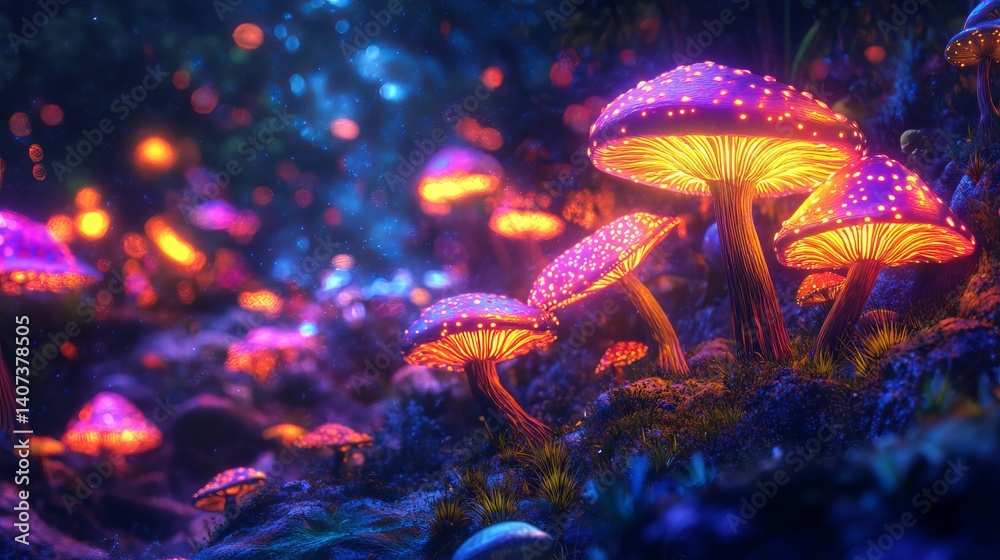 Naklejka premium Glowing fantasy mushrooms in magical forest night scene art dark purple orange nature vibrant digital