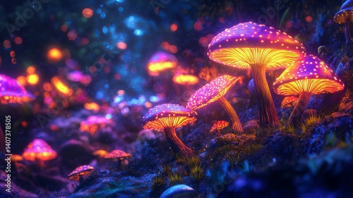 Fototapeta Naklejka Na Ścianę i Meble -  Glowing fantasy mushrooms in magical forest night scene art dark purple orange nature vibrant digital