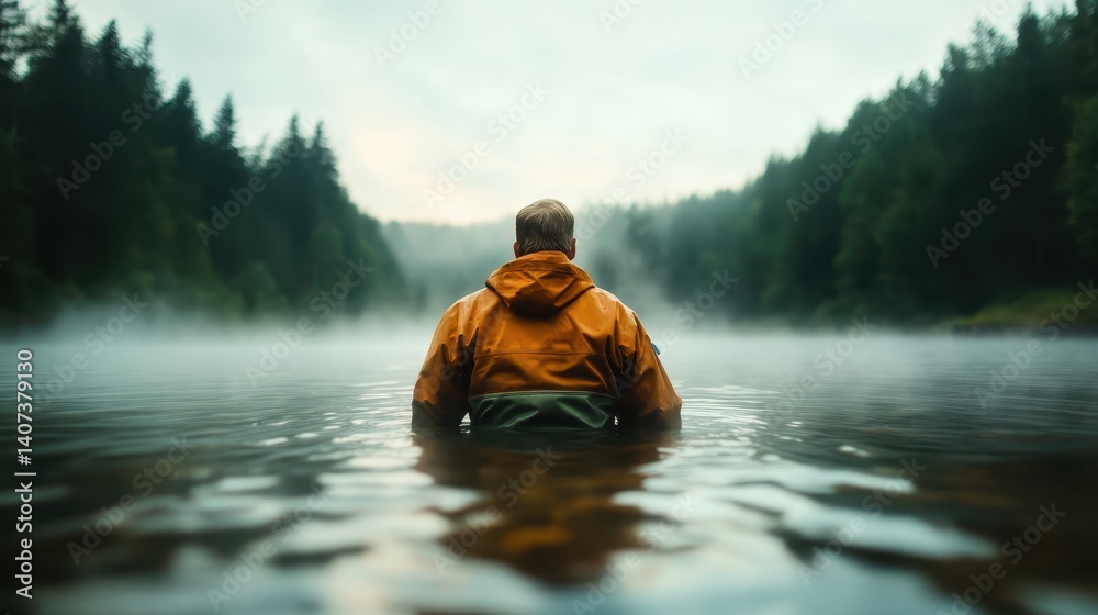 A thoughtful person clad in an orange raincoat sits on a tranquil lake, surrounded by a misty forest, evoking tranquility, introspection, and a connection with nature. A thoughtful person clad in an orange raincoat sits on a tranquil lake, surrounded by a misty forest, evoking tranquility, introspection, and a connection with nature.