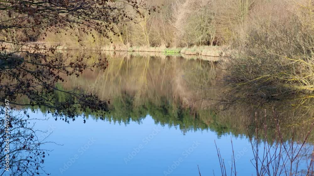 Leafless trees reflecting on calm lake surface, winter sky mirroring pristine woodland landscape with tranquil stillness and serene winter environment Leafless trees reflecting on calm lake surface, winter sky mirroring pristine woodland landscape with tranquil stillness and serene winter environment