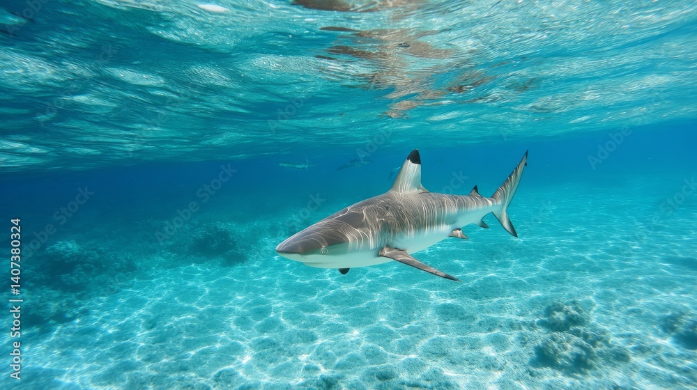 Fototapeta premium A shark swims underwater in the ocean.