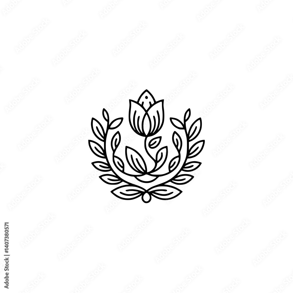 Fototapeta premium Elegant Floral Line Art Logo: Tulip & Laurel Wreath