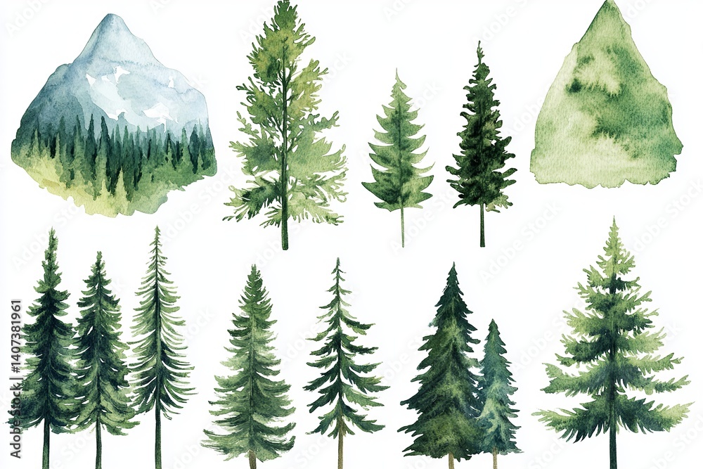 Fototapeta premium Watercolor illustration of mountain landscapes and pine trees on a white background