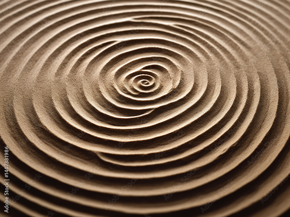 Naklejka premium Rake drawing a spiral sand pattern, expressing meaning and guiding deep meditation