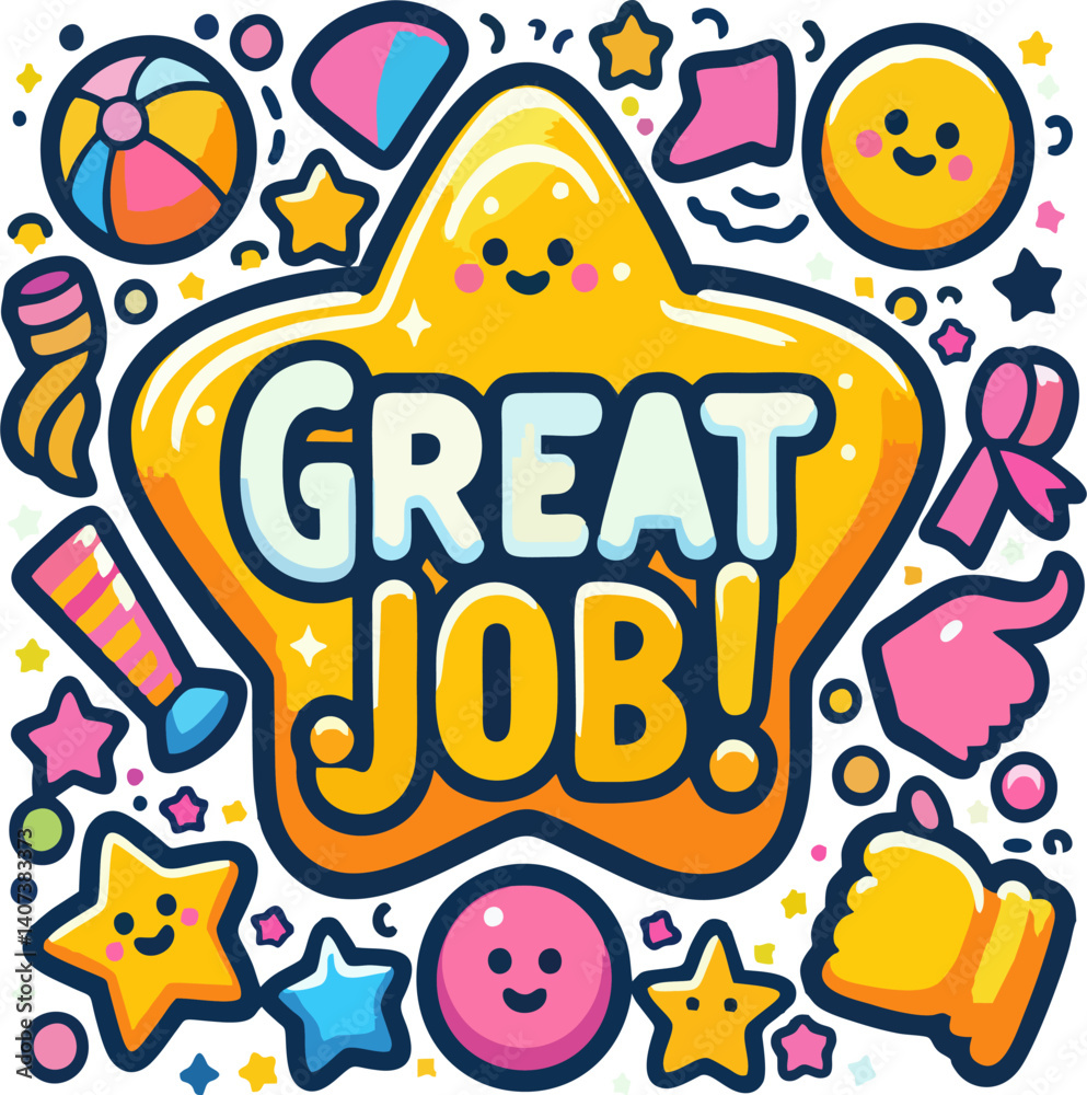 Fototapeta premium Colorful Great Job Star Badge with Smiling Icons and Celebration Elements