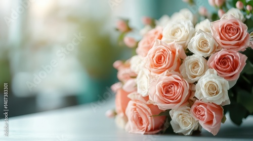 A delightful arrangement of soft pink and white roses captured on a table, exuding warmth and charm, perfect for conveying affection and joy.