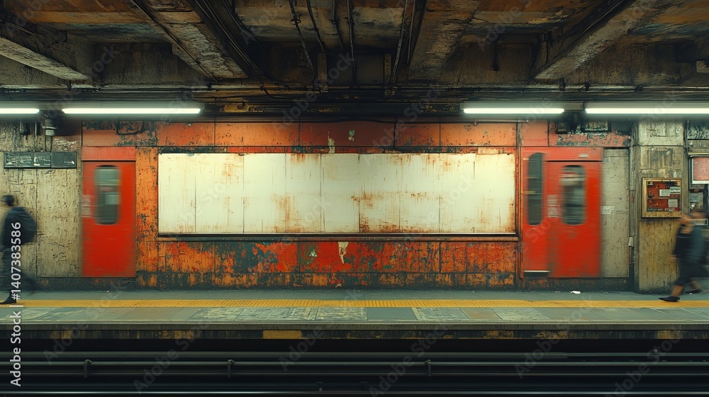 Rustic Subway Station Platform Urban Scene Red Doors Blank Advertisement Vintage Industrial Grunge Background Texture Old City Rustic Subway Station Platform Urban Scene Red Doors Blank Advertisement Vintage Industrial Grunge Background Texture Old City
