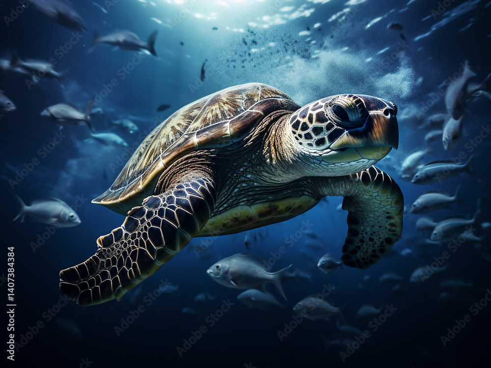 Fototapeta premium Sea turtle migration crossing the vast ocean following instincts and purpose across the sea