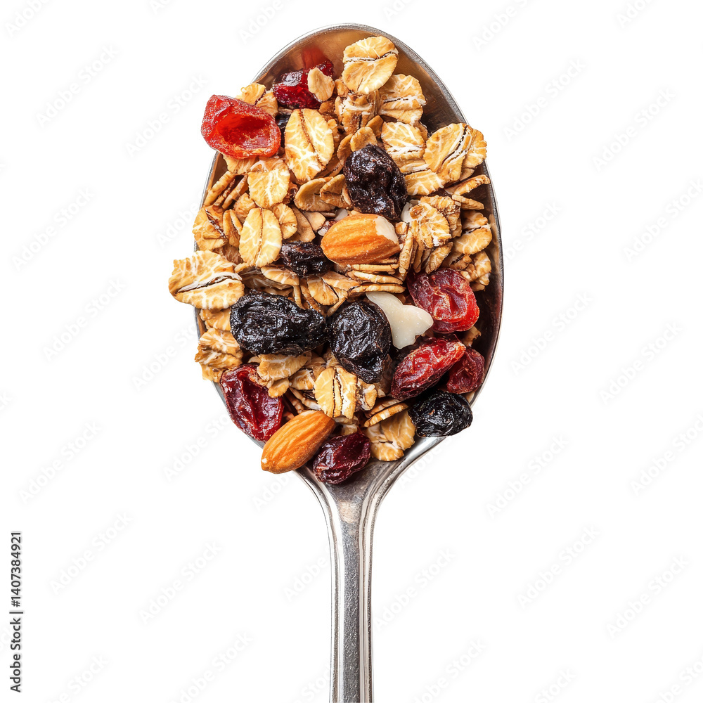 Fresh granola cereal with fruits and nuts served in a spoon on a clean transparent background for healthy eating, granola cereals in spoon on transparent background