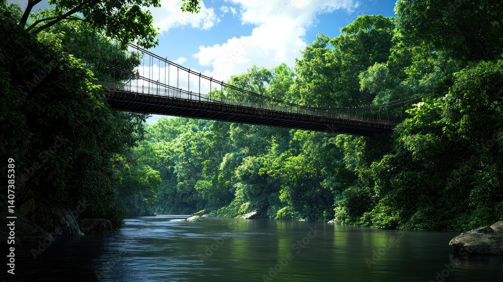 Fototapeta premium Lush Forest River Suspension Bridge Scenery