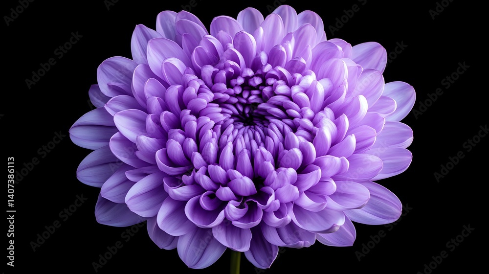 Naklejka premium A mesmerizing lilac chrysanthemum, rich velvety petals unfolding in perfect symmetry, ultra-clear floral macro shot, balanced lighting