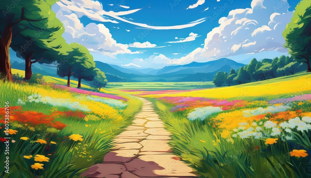 Fototapeta premium Enchanting Anime Pathway Amidst Blossoming Flower Fields at Dusk, Embraced by a Tranquil Atmosphere.