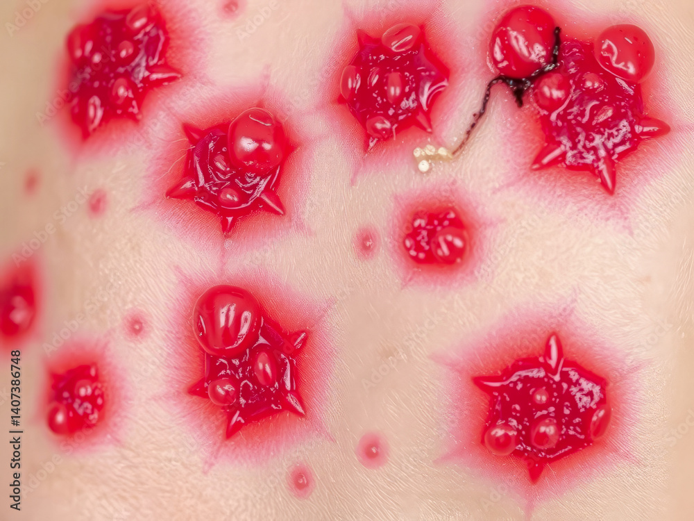 A person's arm is covered in red dots. The dots are red and appear to be small, but they are clustered together in a way that makes them look like a rash or a bruise