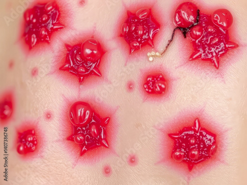 Obraz na płótnie A person's arm is covered in red dots. The dots are red and appear to be small, but they are clustered together in a way that makes them look like a rash or a bruise w salonie
