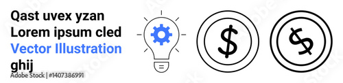 Lightbulb with gear icon for creativity, two dollar coin designs for finance. Ideal for business strategy, economics, innovation, creativity, technology, entrepreneurship monetary concepts. Abstract
