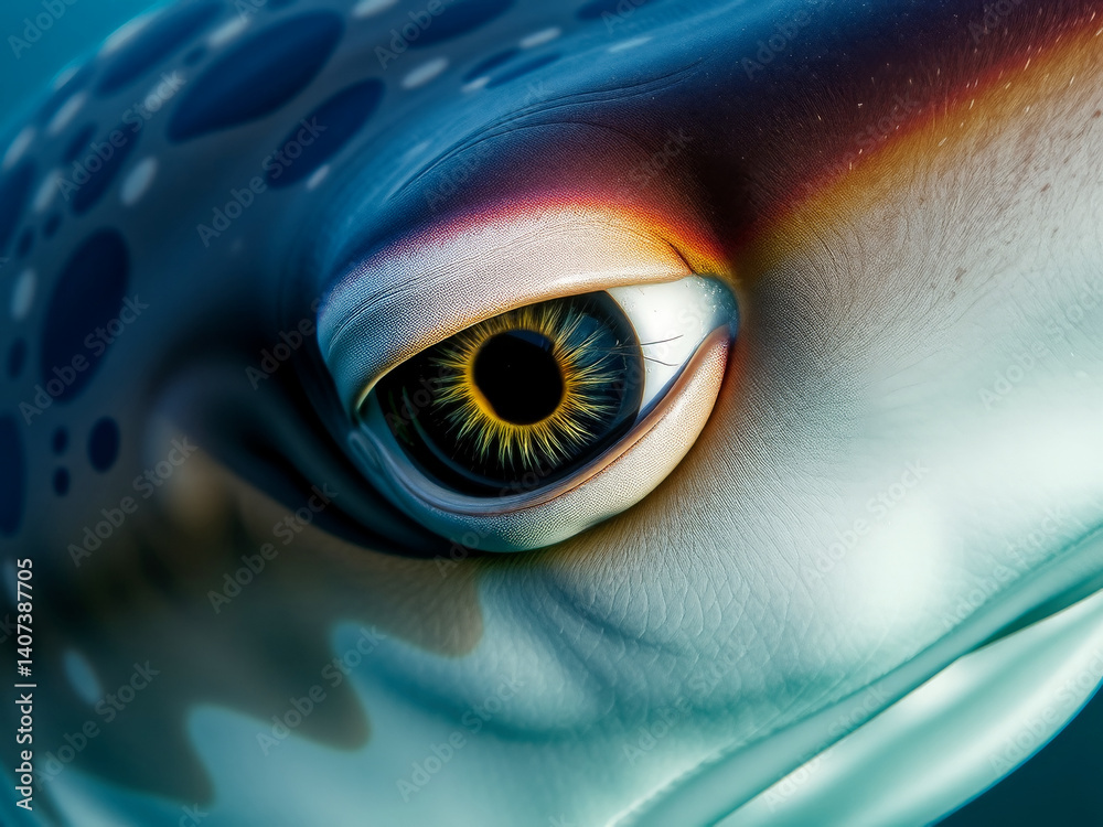 A close up of a shark's eye with a yellow iris. The eye is surrounded by a blue and white background