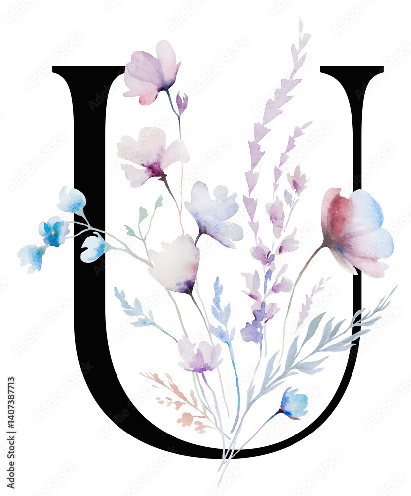 Black letter U with Watercolor pastel tender wild flowers and leaves, wedding isolated illustration