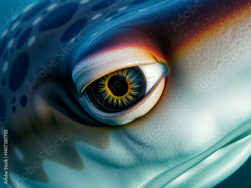 Obraz na płótnie A close up of a shark's eye with a yellow iris. The eye is surrounded by a blue and white background w salonie