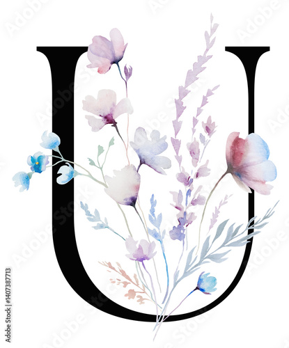 Black letter U with Watercolor pastel tender wild flowers and leaves, wedding isolated illustration