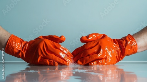 Two hands adorned with orange cleaning gloves come together over a surface, emphasizing themes of teamwork, cleanliness, and preparation for an organized task. photo