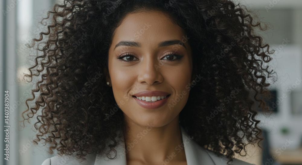 Confident woman smiling natural curls soft lighting modern office background Confident woman smiling natural curls soft lighting modern office background