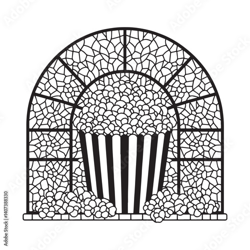 Abstract popcorn design in fractured pattern enclosed by simplistic arc frame