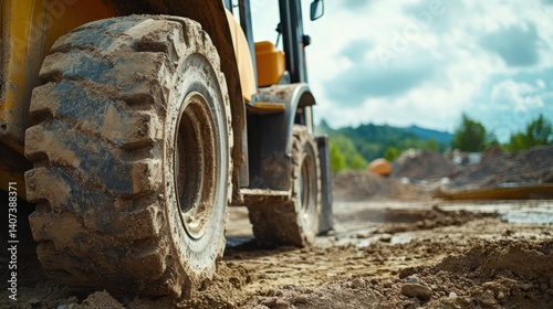 Heavy equipment operator maneuvering a forklift at a construction site. Featuring control and precision photo