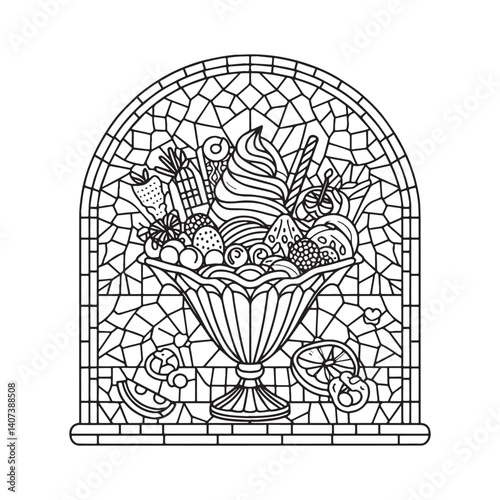 Artistic depiction of a sundae in a mosaic style within an arched frame