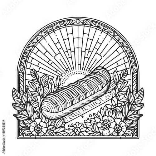 Artistic depiction of an éclair pastry with floral and mosaic elements