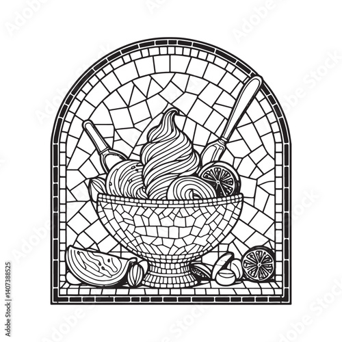 Artistic gelato mosaic design in simple arc frame showcasing dessert delight