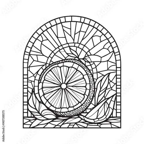 Artistic stylized citrus fruit window in simple arc frame outline