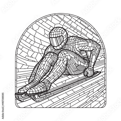 Bobsleigh athlete mosaic outline within simple arc frame stylized illustration