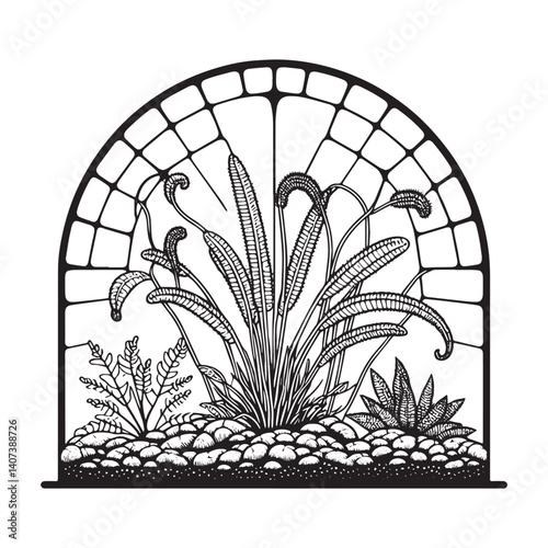 Botanical illustration of hemicryptophyte plant with mosaic outline within arc frame