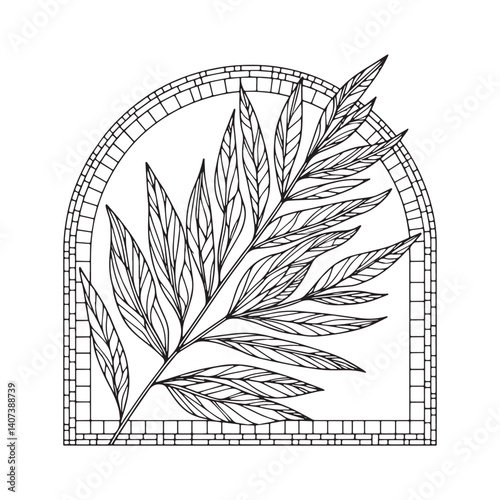 Botanical illustration of willow branch, minimalist mosaic frame outline