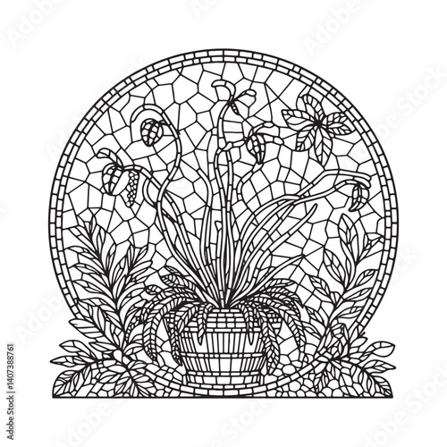 Botanical illustration of plant in pot inside geometric circle frame