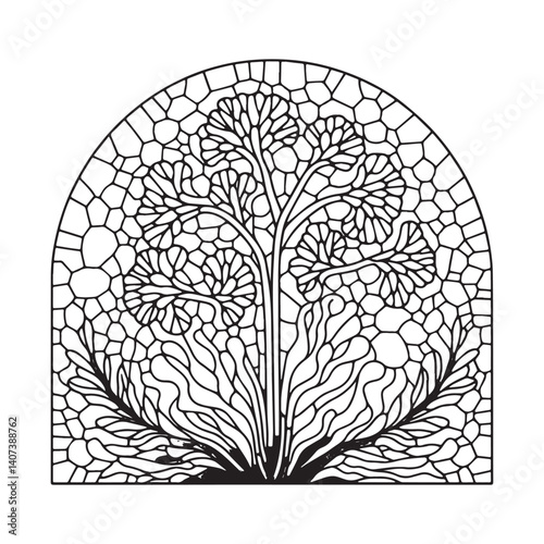 Botanical Illustration of Liverwort Plant in Mosaic Style within Arched Frame