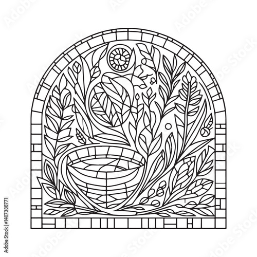 Botanical tea blend mosaic, herbal infusion design in arched frame